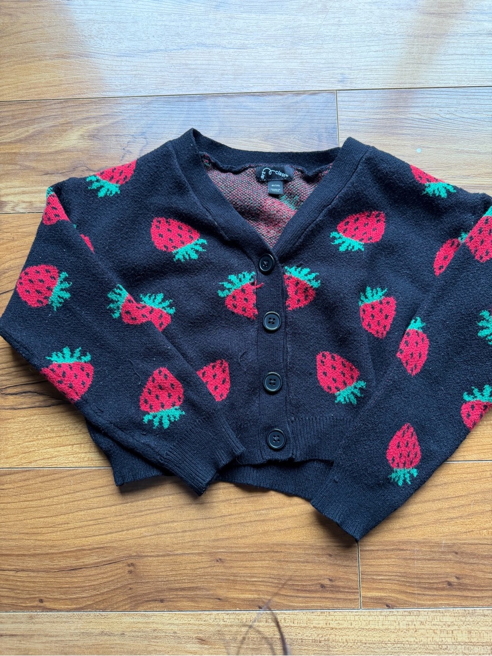 Black Strawberry Print Button-Front Girl’s 7/8 Fall Cardigan